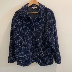 Karavan Vintage Navy Blue Floral Vine Jacket Button Front Collared Medium